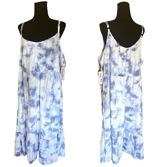 INDIGO ROSE TIE DYE BOHO FLOWY MAXI DRESS LINED BLUE & WHITE SIZE 2X NWT - Picture 9 of 10